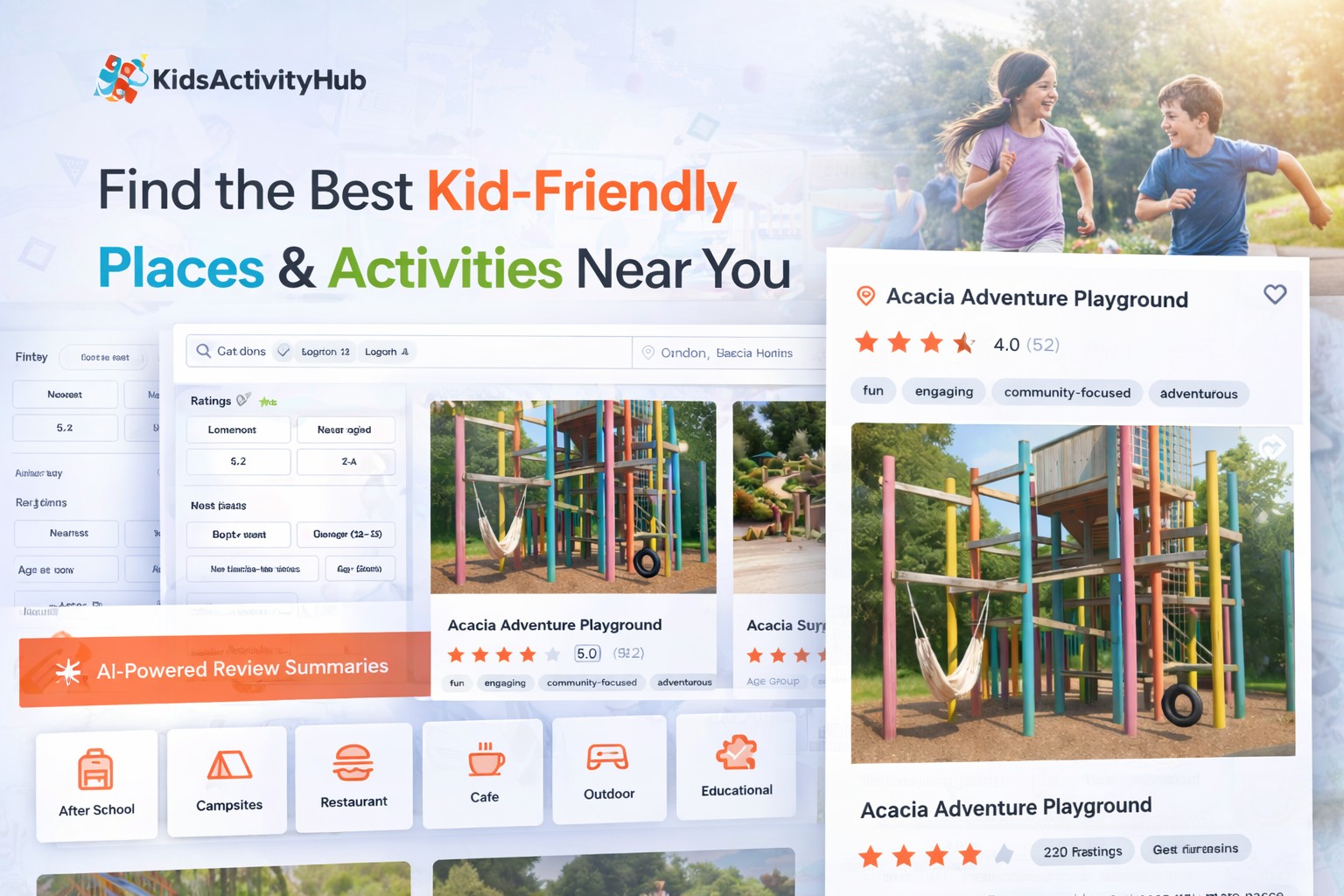 Hero visual for KidsActivityHub—a UK family activities platform with AI review summaries, filters by age and venue, built on Rails and PostgreSQL.